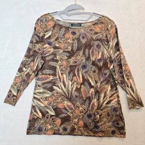 Lauren Ralph Lauren Womens T-Shirt Brown Feathers Boat Neck 100% Cotton XL